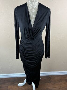 NWT Emprada Black Maxi Long Dress Ruched Twisted Deep V-neck Elegant Women Large